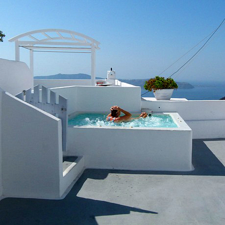 Bev Tener in the spa, Santorini